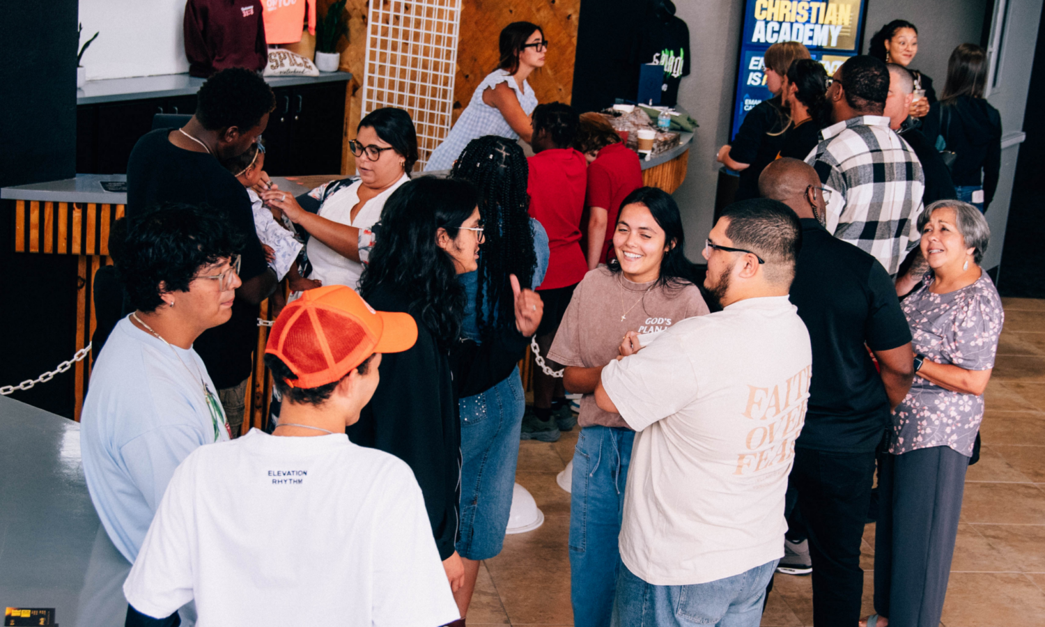 people connecting in the Free Life Chapel lobby